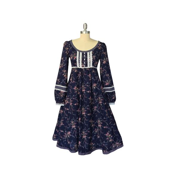 Gunne Sax Navy Blue Floral Midi Dress Size 9 S Prairie Calico Lace Polka Dot - Picture 2 of 9